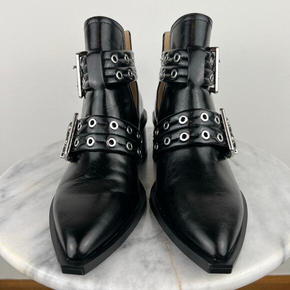 Steve Madden Like New Black Grazia Pointed Toe Silver Buckle Moto Bootie (Sz 8) - Picture 12 of 13